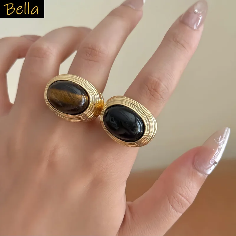 

Vintage Ring for Women Gold Color Metal Nature Stone Open Ring Oval Shape black white cyan