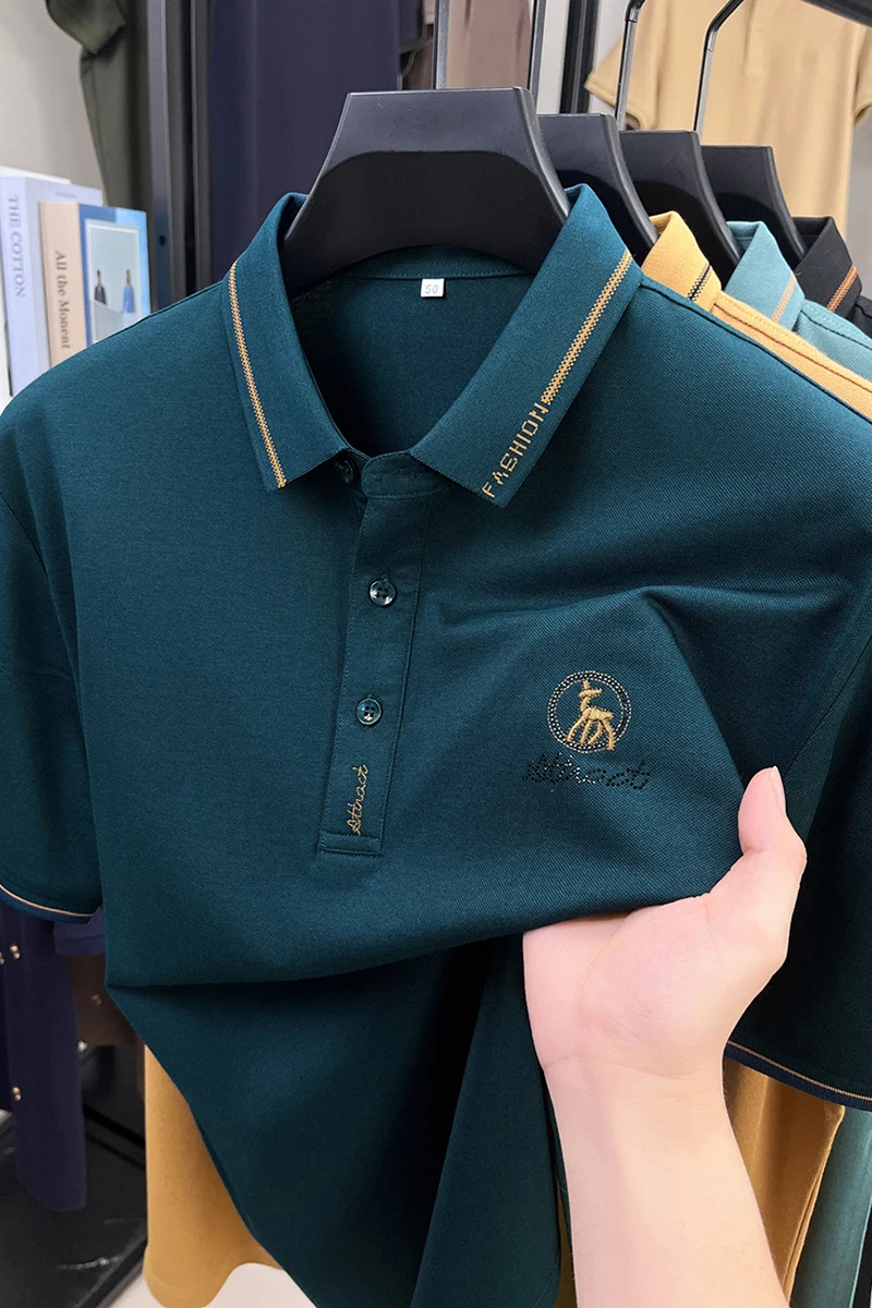 

Мужская белая рубашка-поло с вышитым логотипом и коротким рукавом, модная повседневная летняя футболка из смеси хлопка, дышащий топ