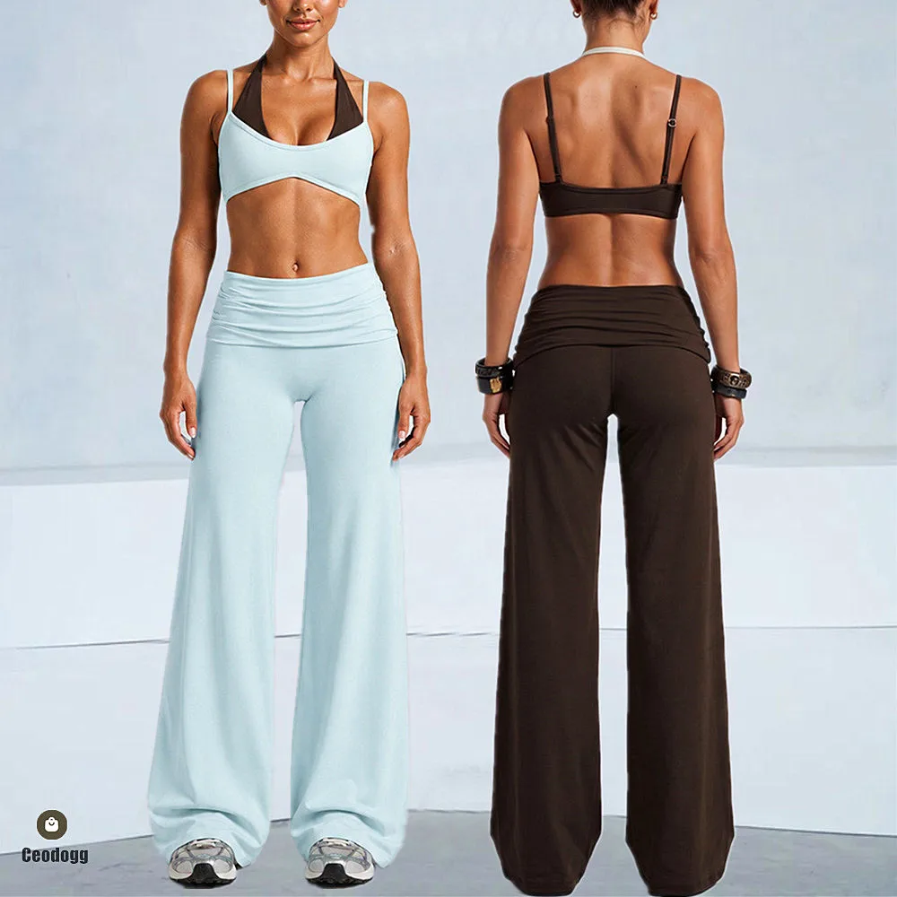 2PCS Adjustable Sports Bra Yoga Set Women Tracksuit Sportswear Gym Running Workout Straight Leg Wide Pant Athletic Wear XP80