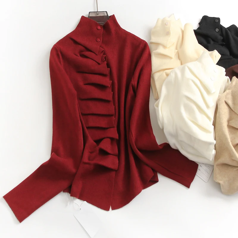 2026 Einfarbiger Plissierter Rollkragenpullover für Damen, Herbst-Winter Hochwertiger Stylischer Schlanker Langarm-Pullover, Damen-Oberteil