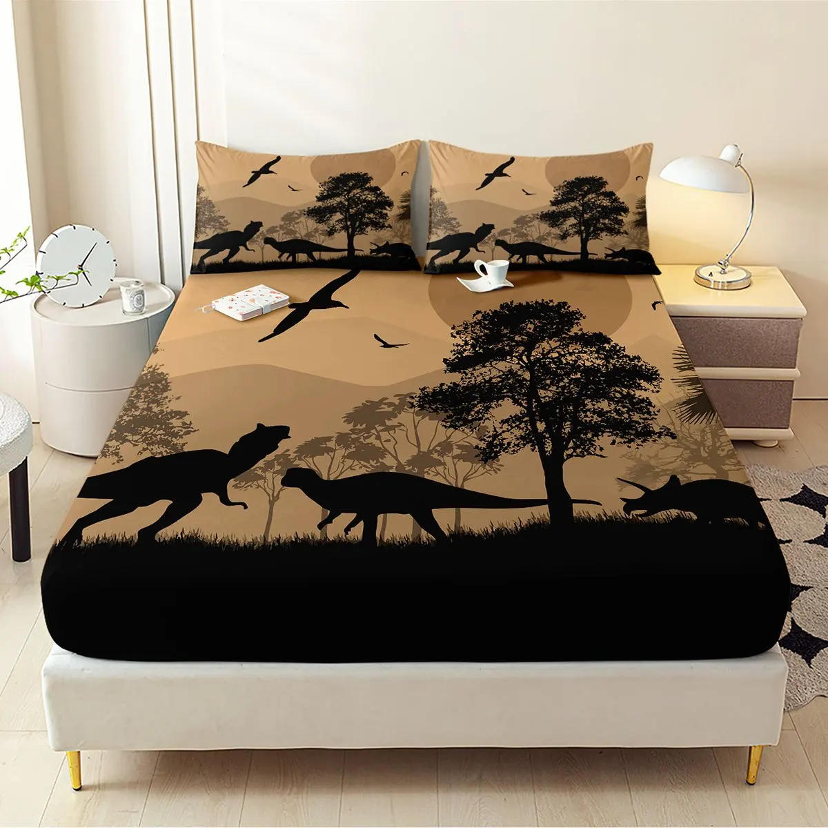 Jurassic Dinosaur Mattress Protector Mattress Cover Breathable Polyester Material (Includes 1 Fitted Sheet + 2 Pillowcases) Mattress Protector Fitted Elastic Style Protective Cover Mattress Protector, Fitted Bedding Christmas Themed Bedding Baby Bedding Suitable for Nursery Room
