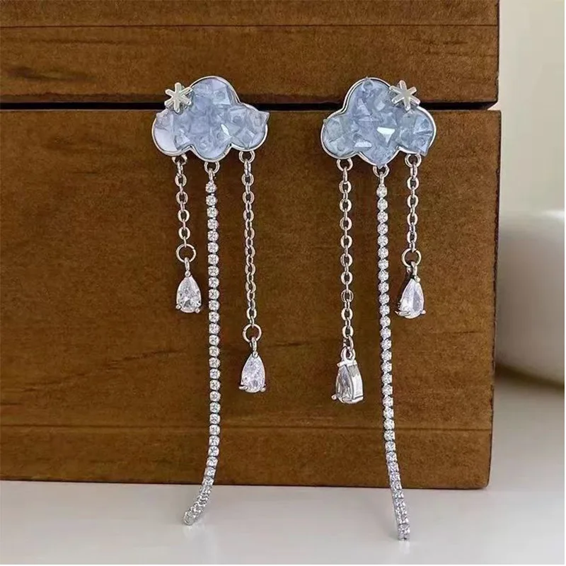 Y2K Zircon Cloud Drop Earrings for Women Rhinestone Hoop Earring New Year Aesthetic Geometric Tassel Rain Cloud Dangle Earrings