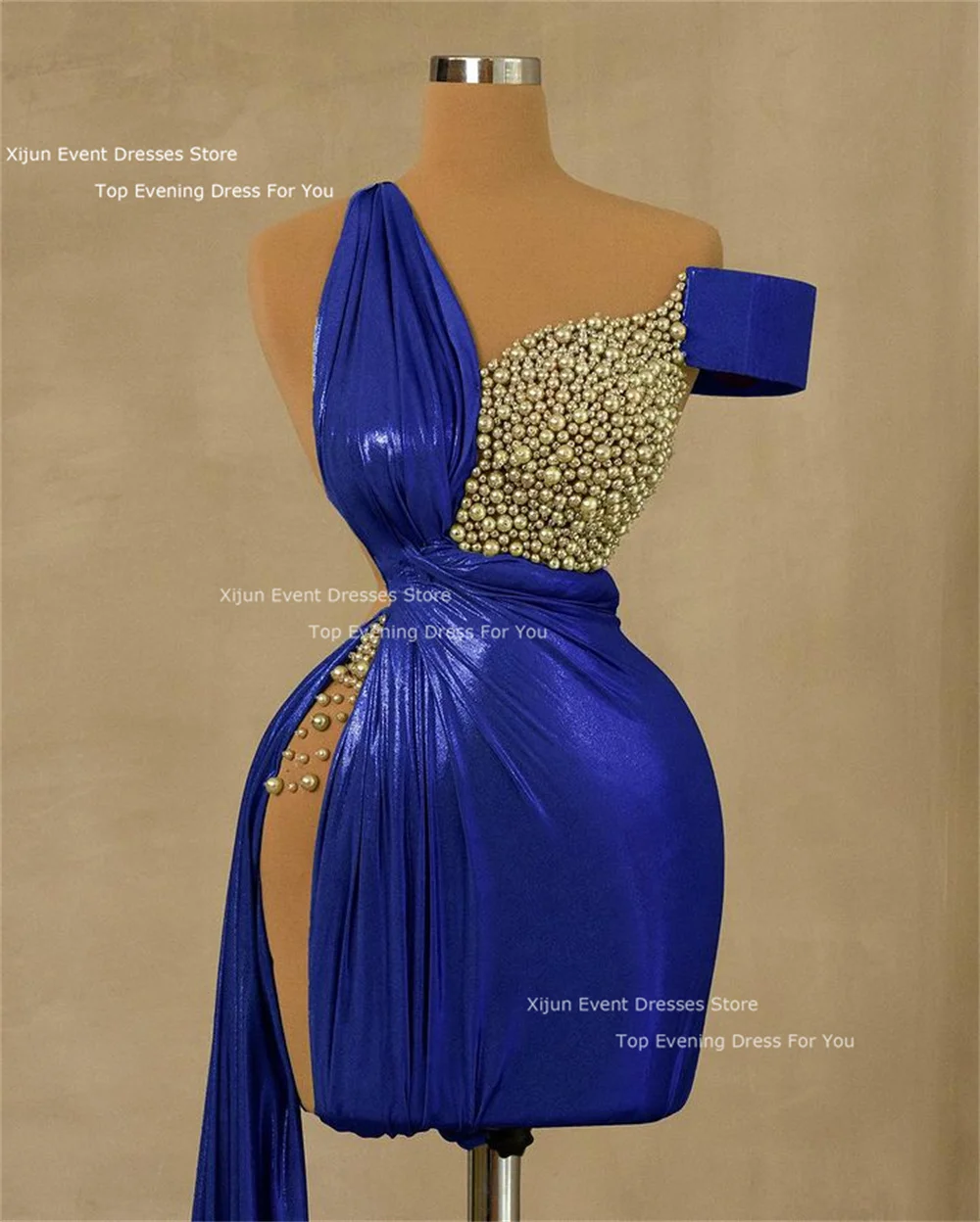 Xijun Modern Sexy Mini Evening Dresses Pearls High Side Slit Prom Dresses Club Party Dresses 2023 For Black Women Prom Gowns