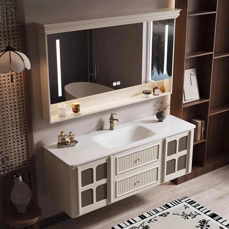 

Комплект мебели для ванной комнаты: тумба с керамической интегрированной раковиной, раковина из дуба, раковина из каменной плиты