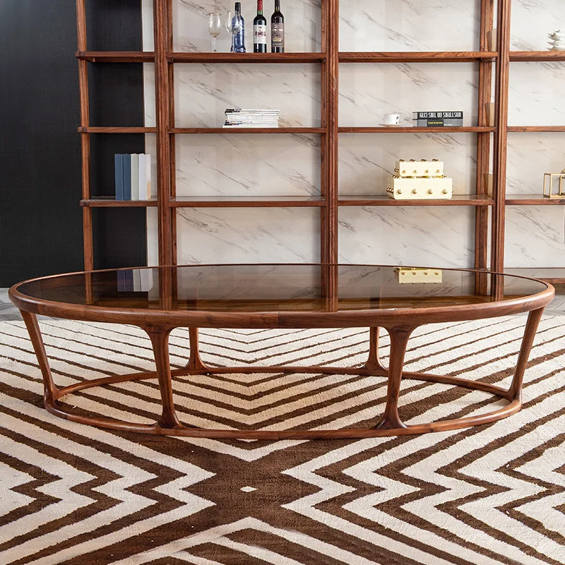 North American black walnut tempered glass coffee table living room household oval solid wood Nordic Italian tea table