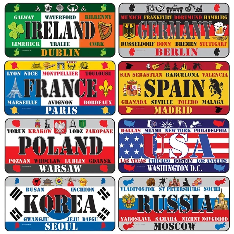 Cartel Vintage de estaño de Metal con bandera nacional, placa de matrícula para Bar, hogar, restaurante, decoración de pared, 15x30cm, Francia, España, EE. UU.