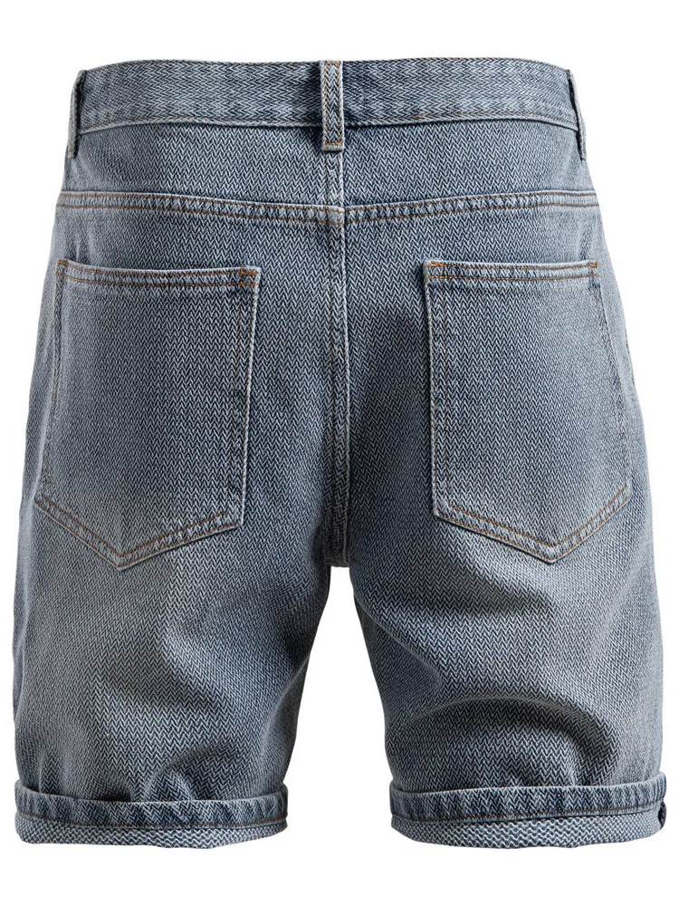 Men's New Vintage Straight Leg Denim Shorts Five-Pointed Star Pattern Summer Casual Shorts Blue Jeans Non-Stretch Fabric