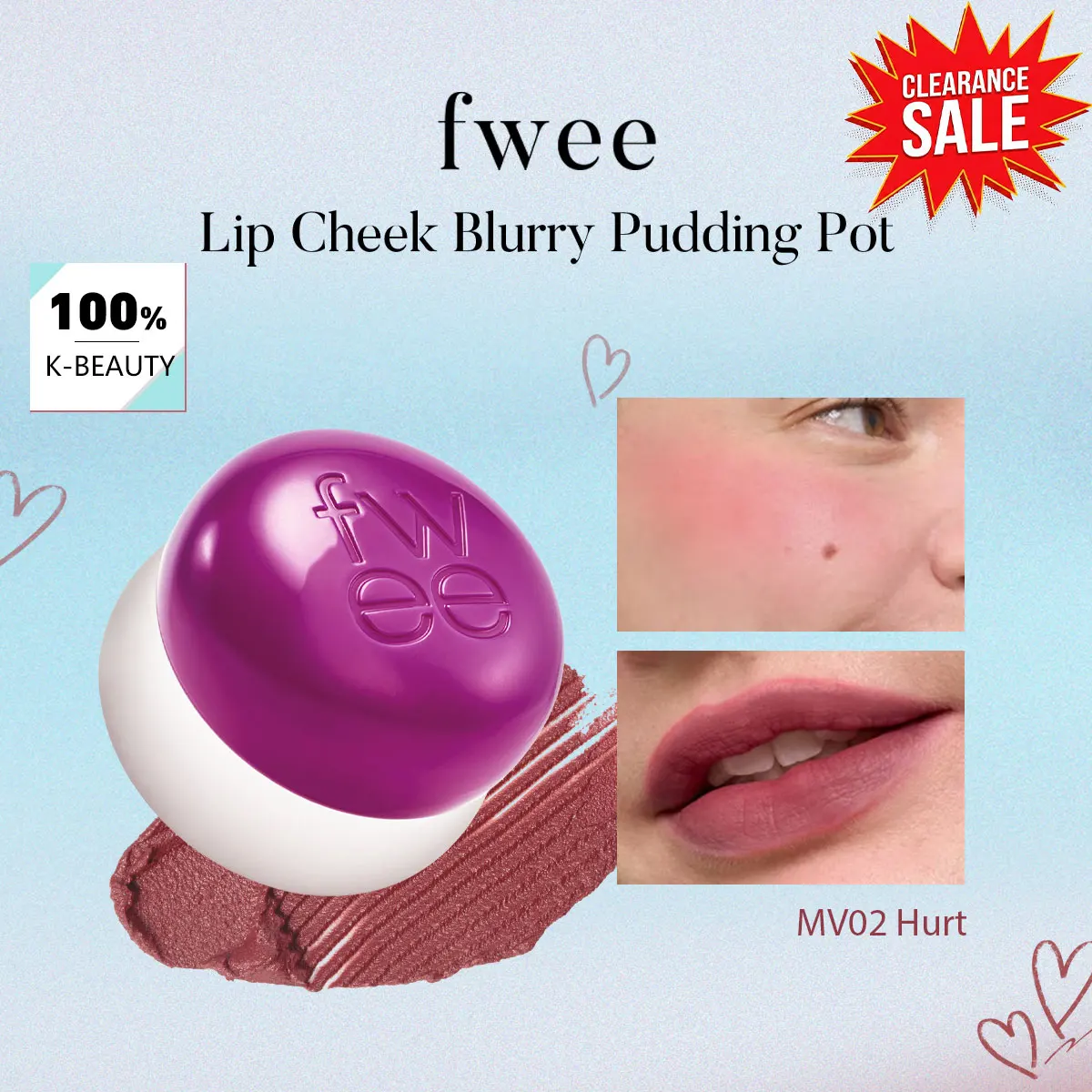 

[Распродажа] fwee Lip Cheek Blurry Pudding Pot MV02 Hurt, Люксовая косметика, Нелипкий, с эффектом сияния, Корейская косметика