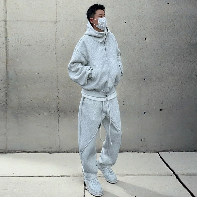 American minimalist thick open top hooded sweatshirt set, spring and autumn men's fashionable casual pants elastic two-piece set