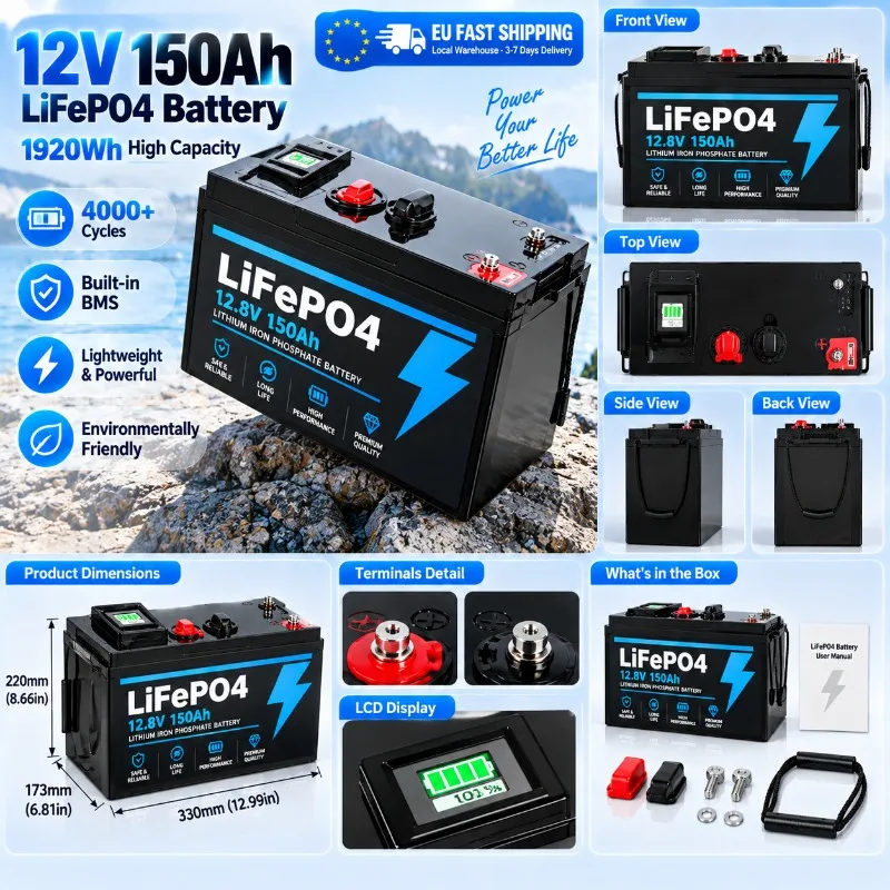 Batterie LiFePO4 12V 150Ah à décharge profonde, plus de 4000 cycles, batterie au lithium rechargeable pour camping-car, caravane, énergie solaire hors réseau, moteur de pêche à la traîne, alimentation de secours (UPS), livraison rapide en UE et en Pologne