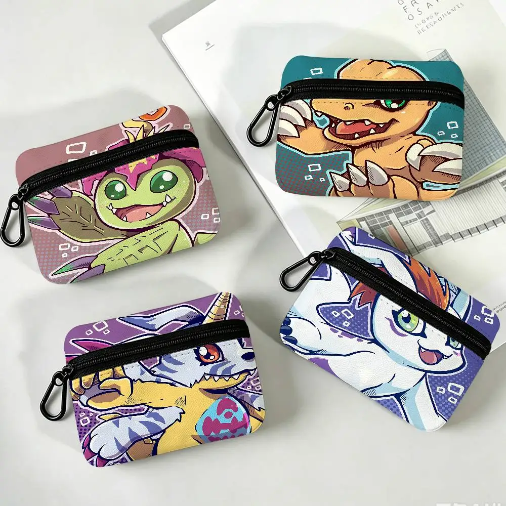 D-DigimonS Retro Anime White Oxford Cloth Zipper Coin Purse Lightweight Hanging Key Pouch Card Holder For Daily Use