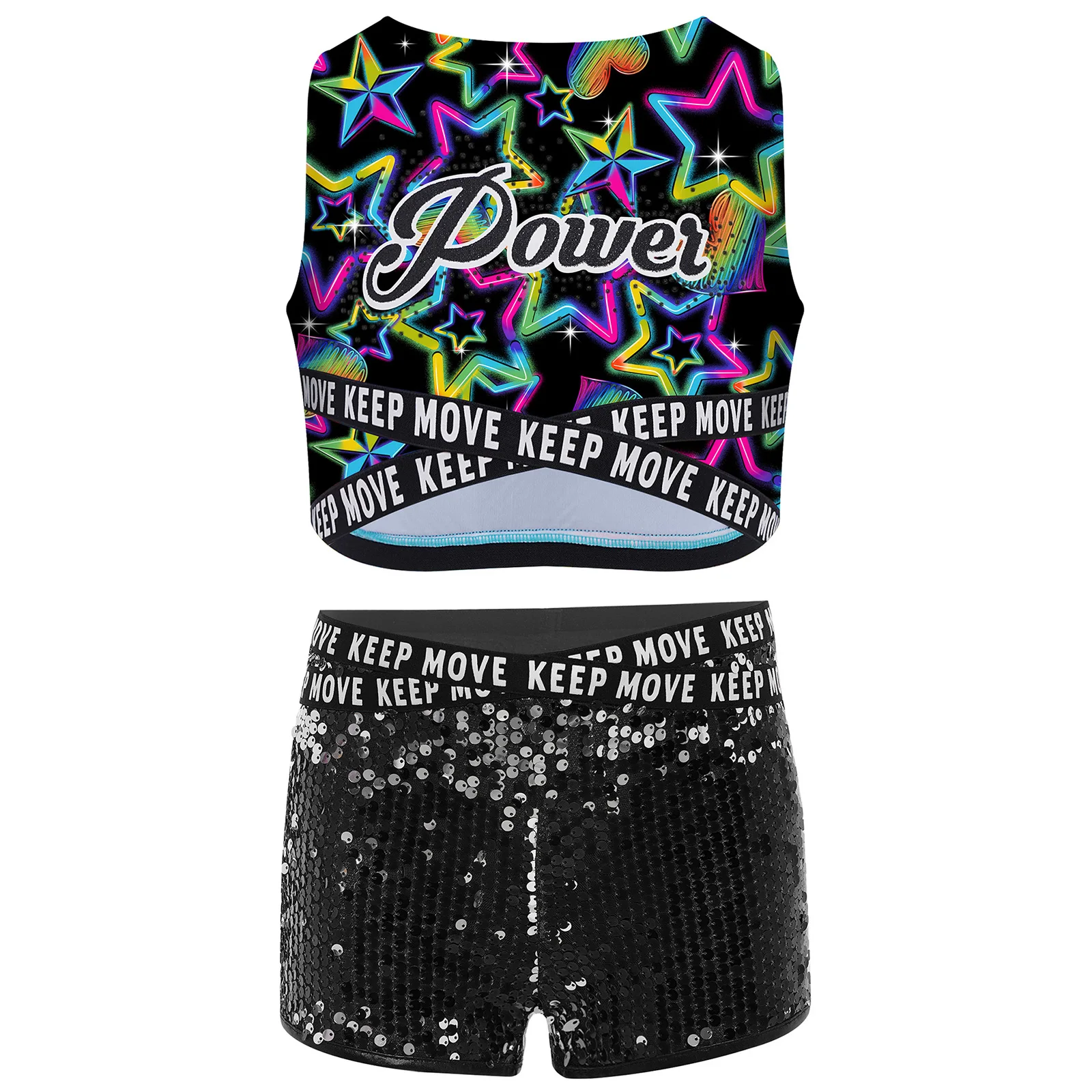 

Kids Girls Hip Hop Jazz Dance Costume Printed Crop Top Vest with Shiny Sequins Shorts for Workout Gymnastics Stage Performance