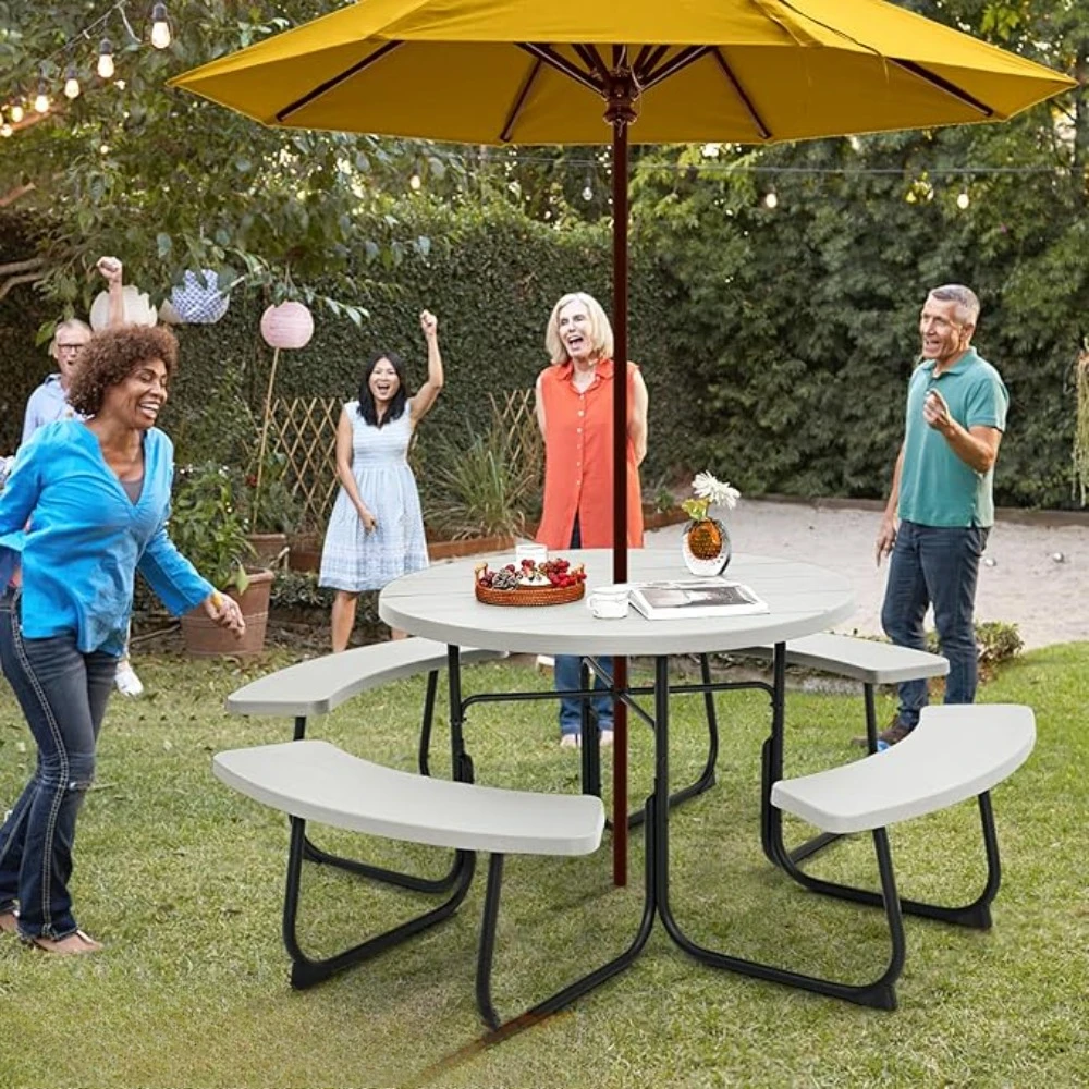 8 Person Picnic Table, Outdoor Round Picnic Table, Umbrella Hole, Metal Frame & HDPE Tabletop, Outside Table and Bench Set