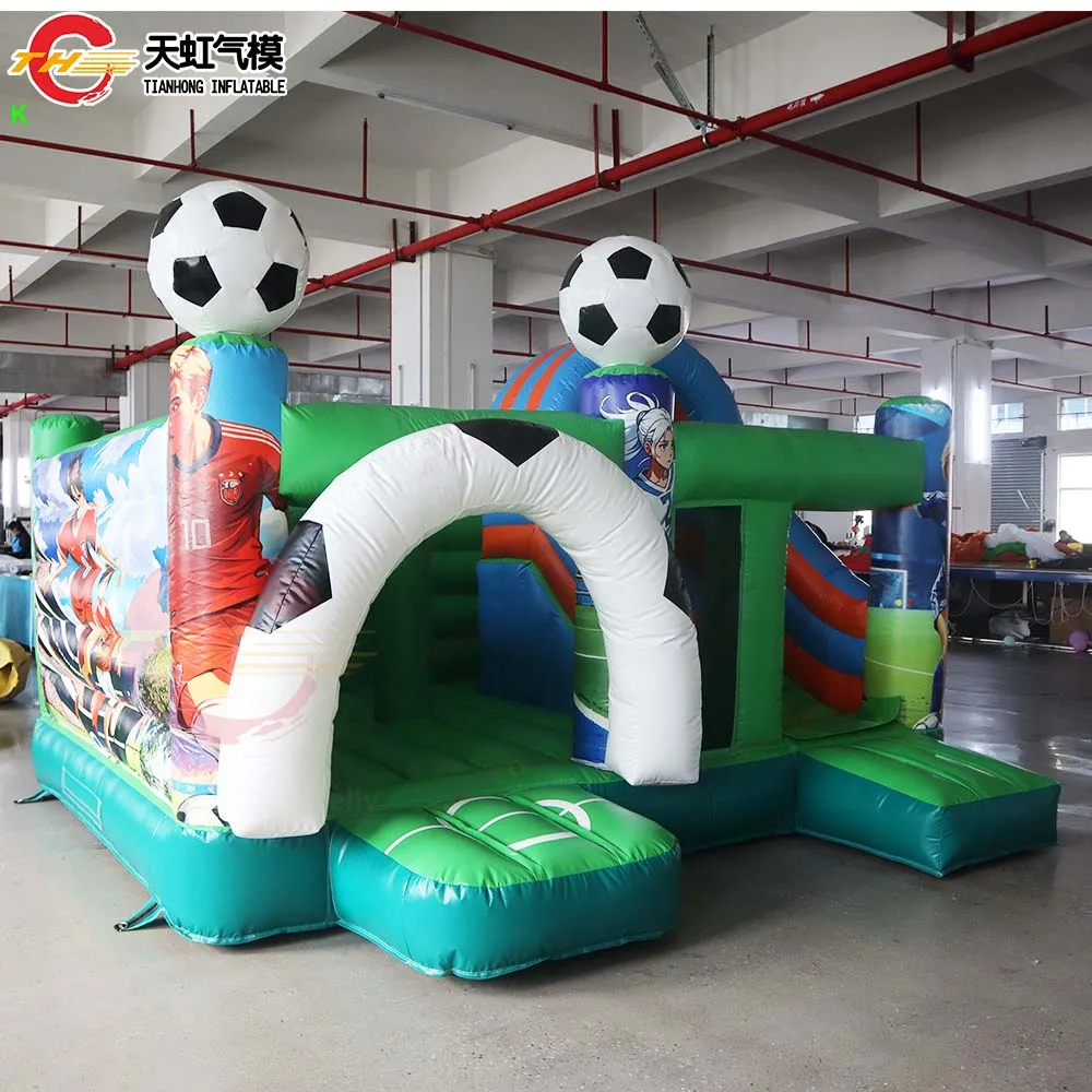 Buttafuori gonfiabili a tema calcio per bambini Divertimento all'aria aperta con ventilatore Casa da salto gonfiabile commerciale con castello gonfiabile