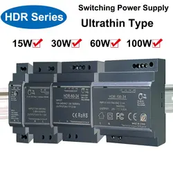 Fonte de alimentação de comutação ultrafina, HDR, transformador tipo trilho, 15W, 30W, 60W, 100W, 12V, 24V