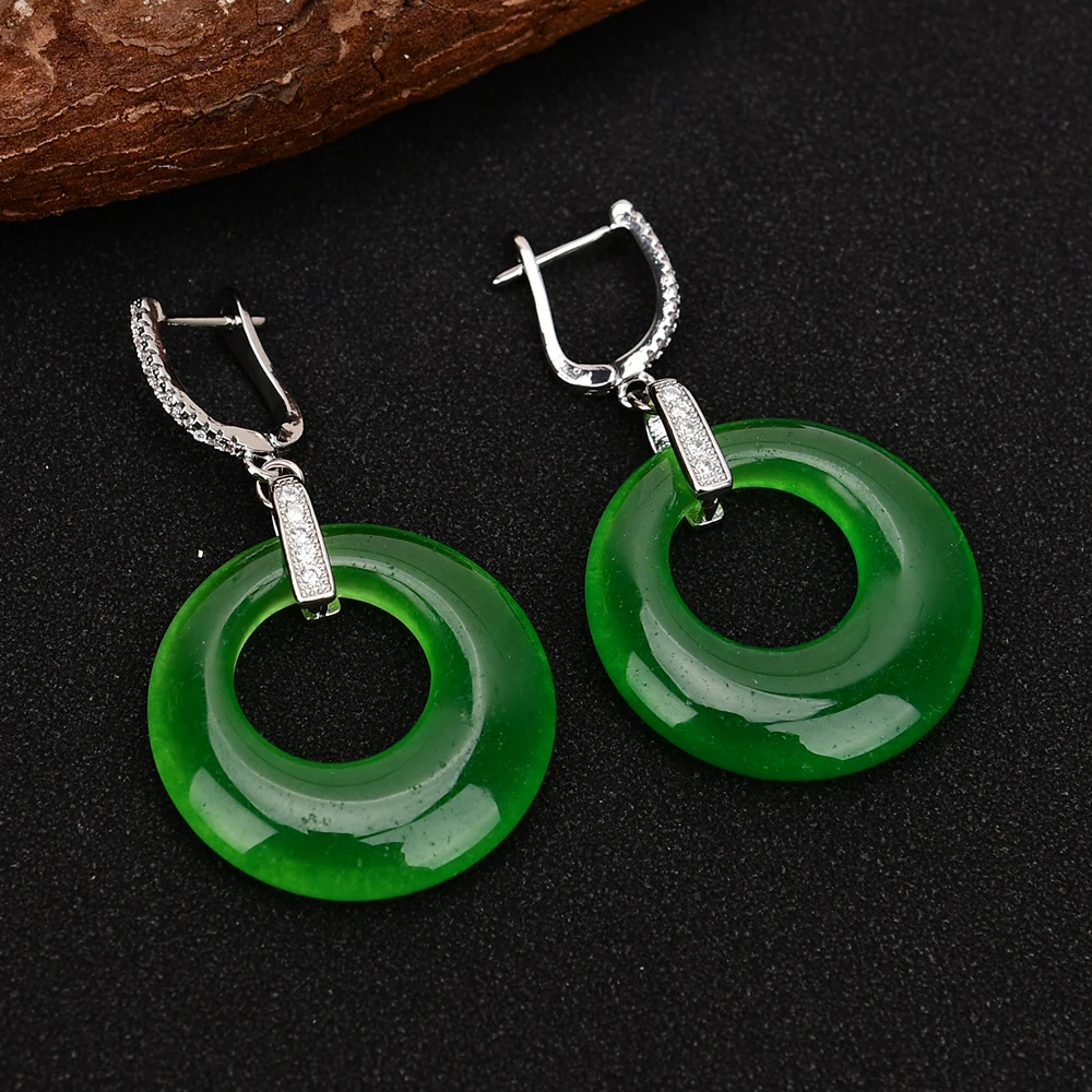 GG Natural Green Jade Circle Zircon CZ Paved Crystal Dangle Silver Color Stud Earrings Handmade Lady Jewelry Gifts