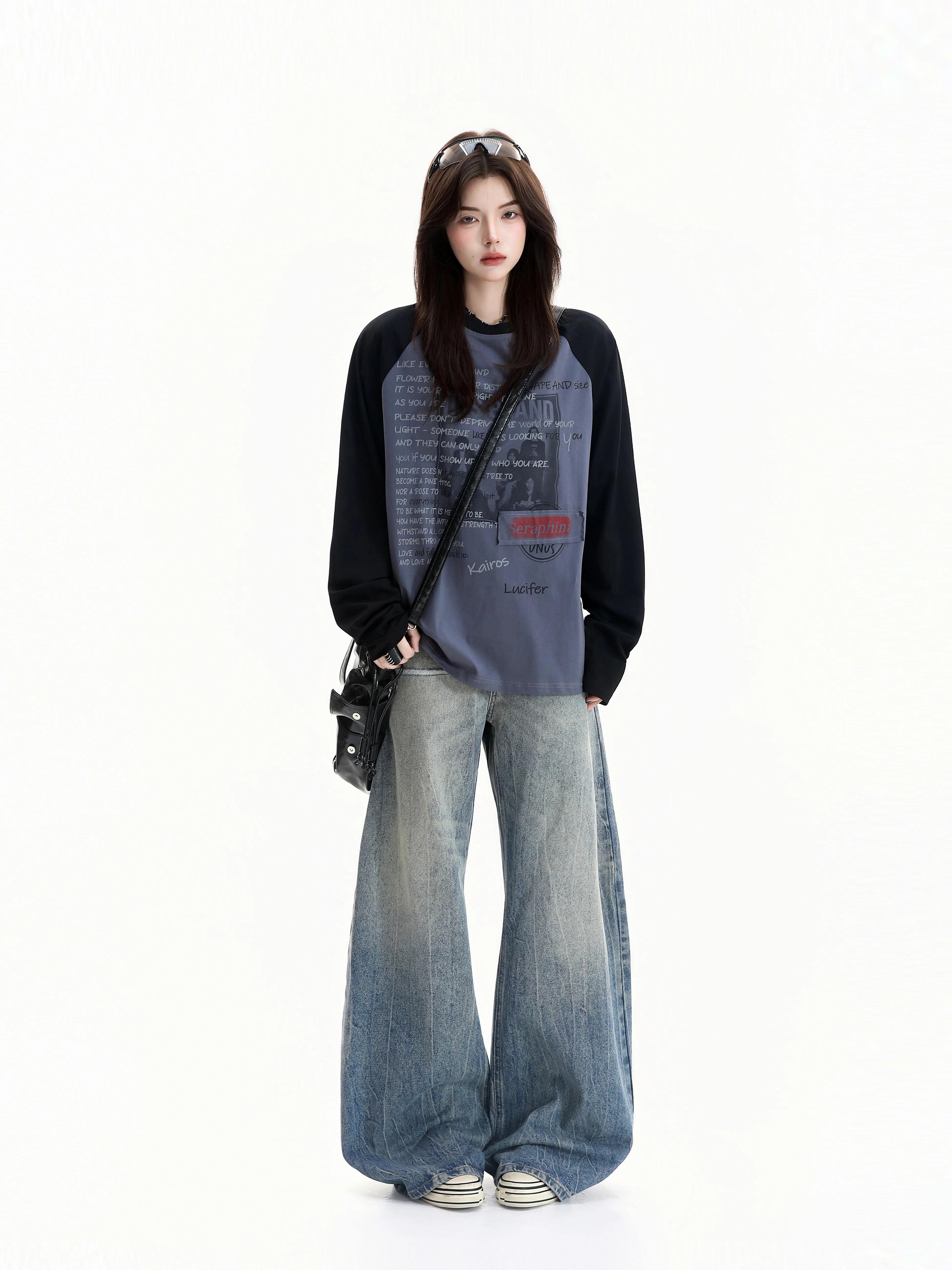 Retro American Print Design Long Sleeve T-Shirt Color Block Casual Loose Fit Cotton Top for Young Women And Men