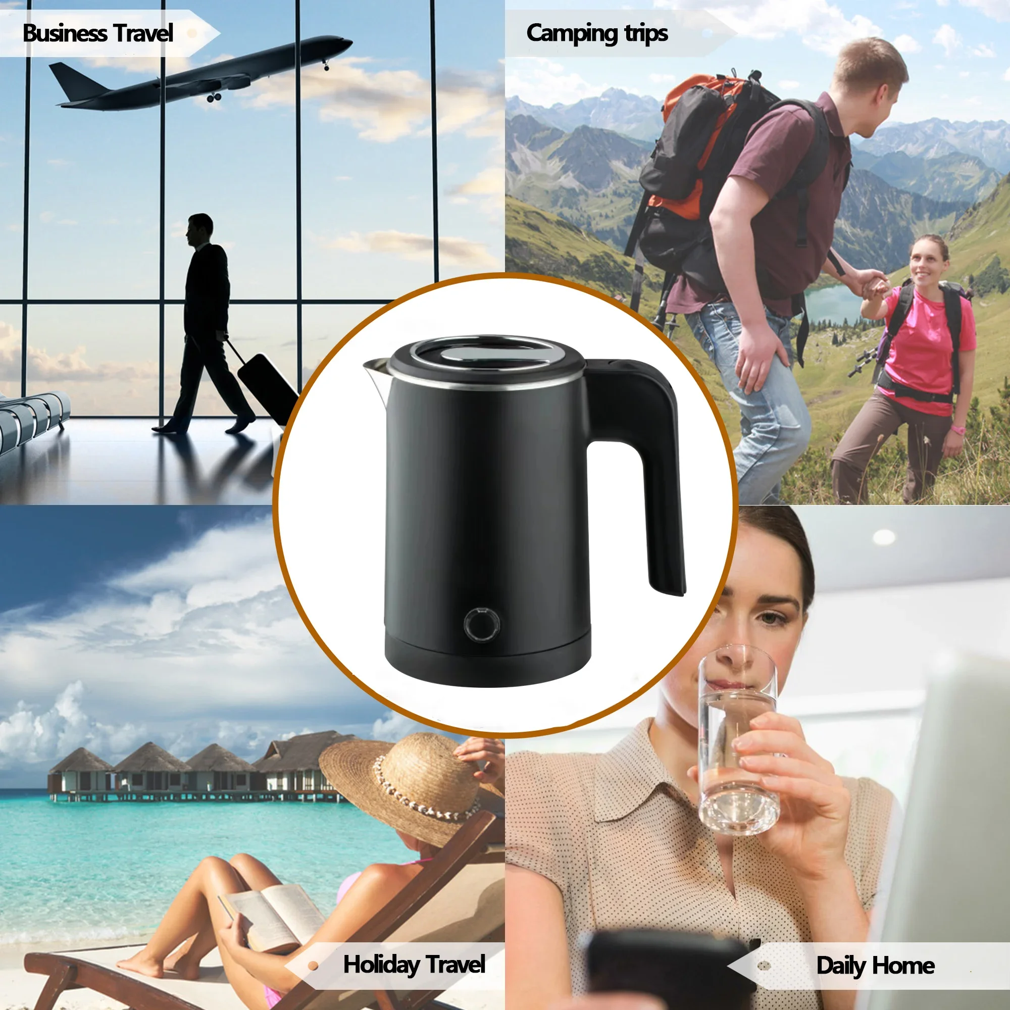 Chaleira Elétrica de Viagem Portátil, Aço Inoxidável 304, Café e Chá Doméstico, 600W, Cozinha, 0.6L