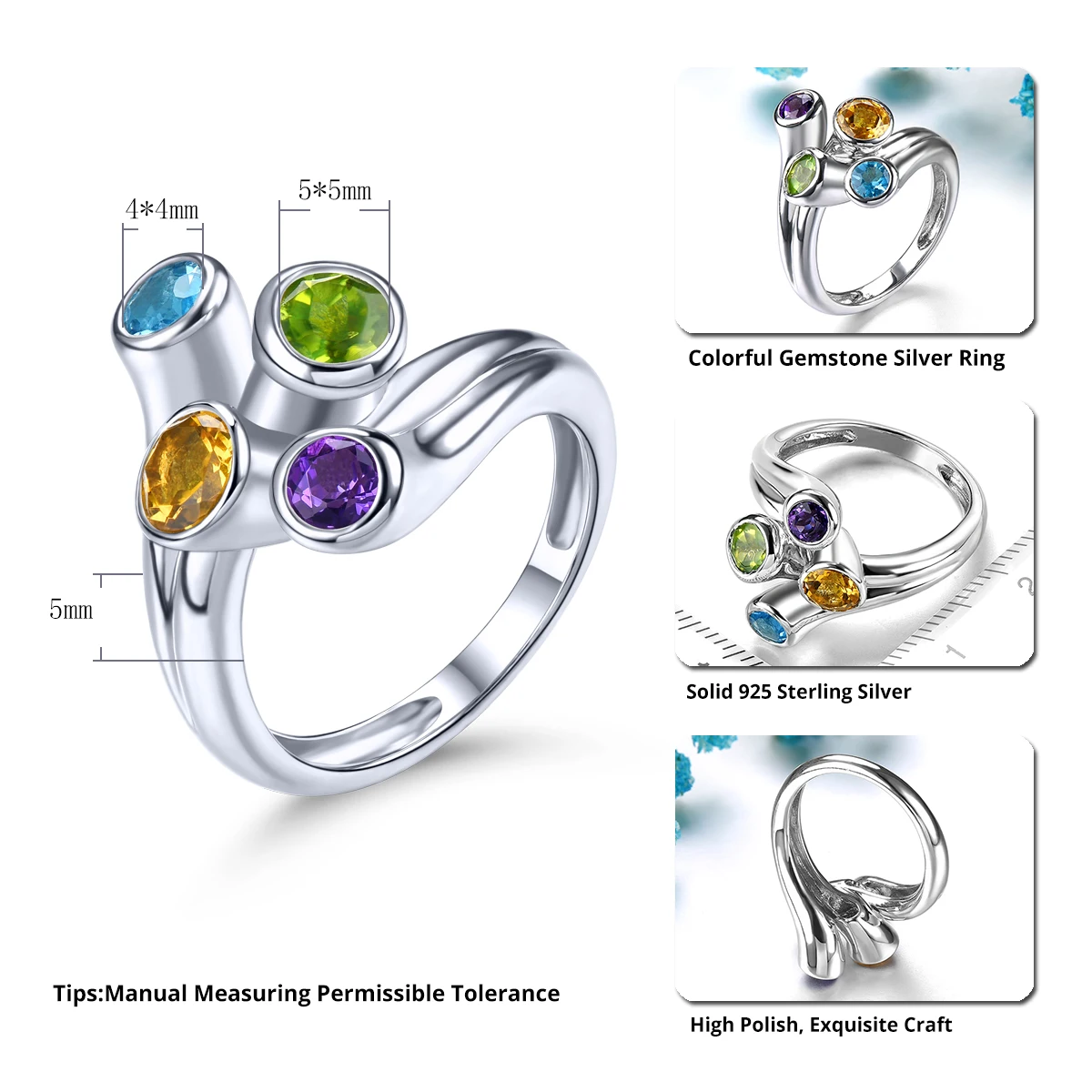 Natural Amethyst Topaz Citrine Colorful Gemstone Sterling Silver Rings 1.5 Carats Genuine Gemstone Original Speicl Designs