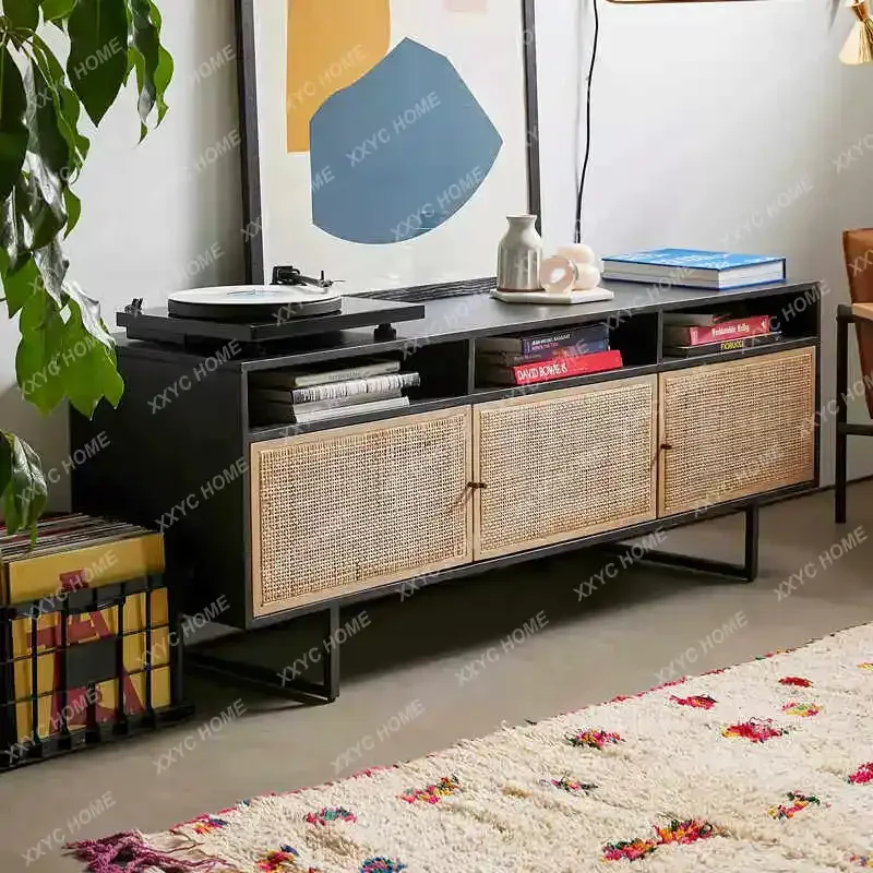 XX solid wood rattan woven TV cabinet, homestay hotel natural wood color sideboard, storage rackFactory Direct