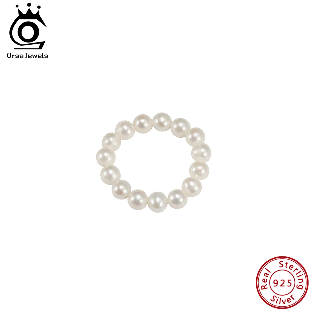 ORSA JEWELS S925 Sterling Silver Natural Pearl Ring White Round Pearl Finger Rings Fashion Adjustable Elastic Ring Jewelry GPR26