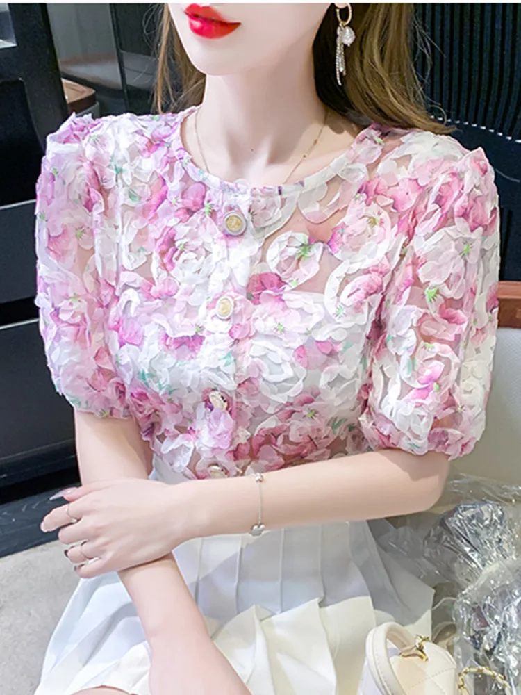 Fashion Short Sleeve Lace Shirt Women Skeleton Niche Design Bubble Sleeve Round Neck Summer Slim Women Tops