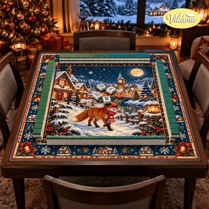 VIKAMA Christmas Mahjong Mat Fox Snowy Town Clock Tower Moon Washable Folding Mahjong Tablecloth Table Pad Xmas Home Decor