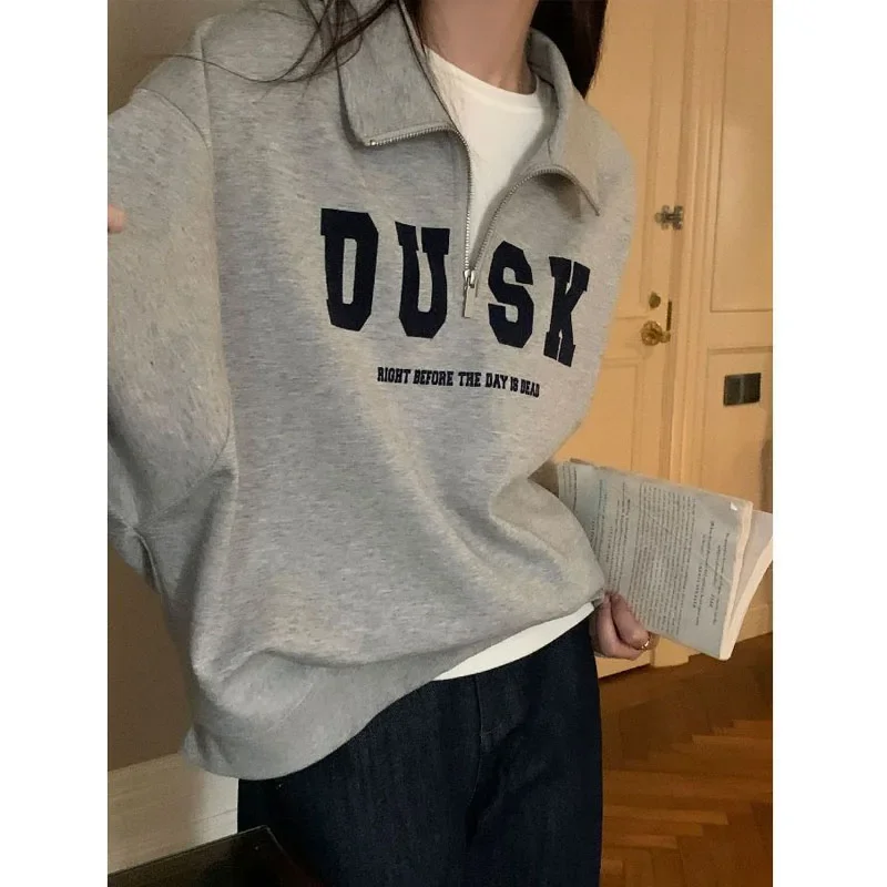 Gray Zipper Sweatshirts Women Vintage Korean Fashion Casual Cropped Pullovers Preppy Style White Oversized Hoodies Chic