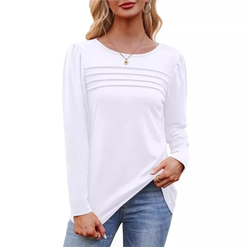 Women's Blouses T-shirt Autumn Long Sleeve Shirts Spring Casual Versatile Tops O Neck Pleated Loose Women Tops Fashion Clothing