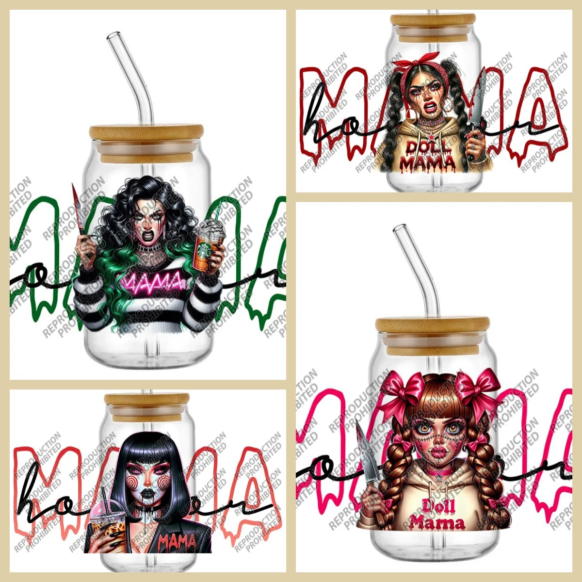 

High Quality 3D Terror The Killer Mama Series Design Transfer Sticker DIY 16oz Libbey Glasses Cartoon UV DTF Cup Wrap