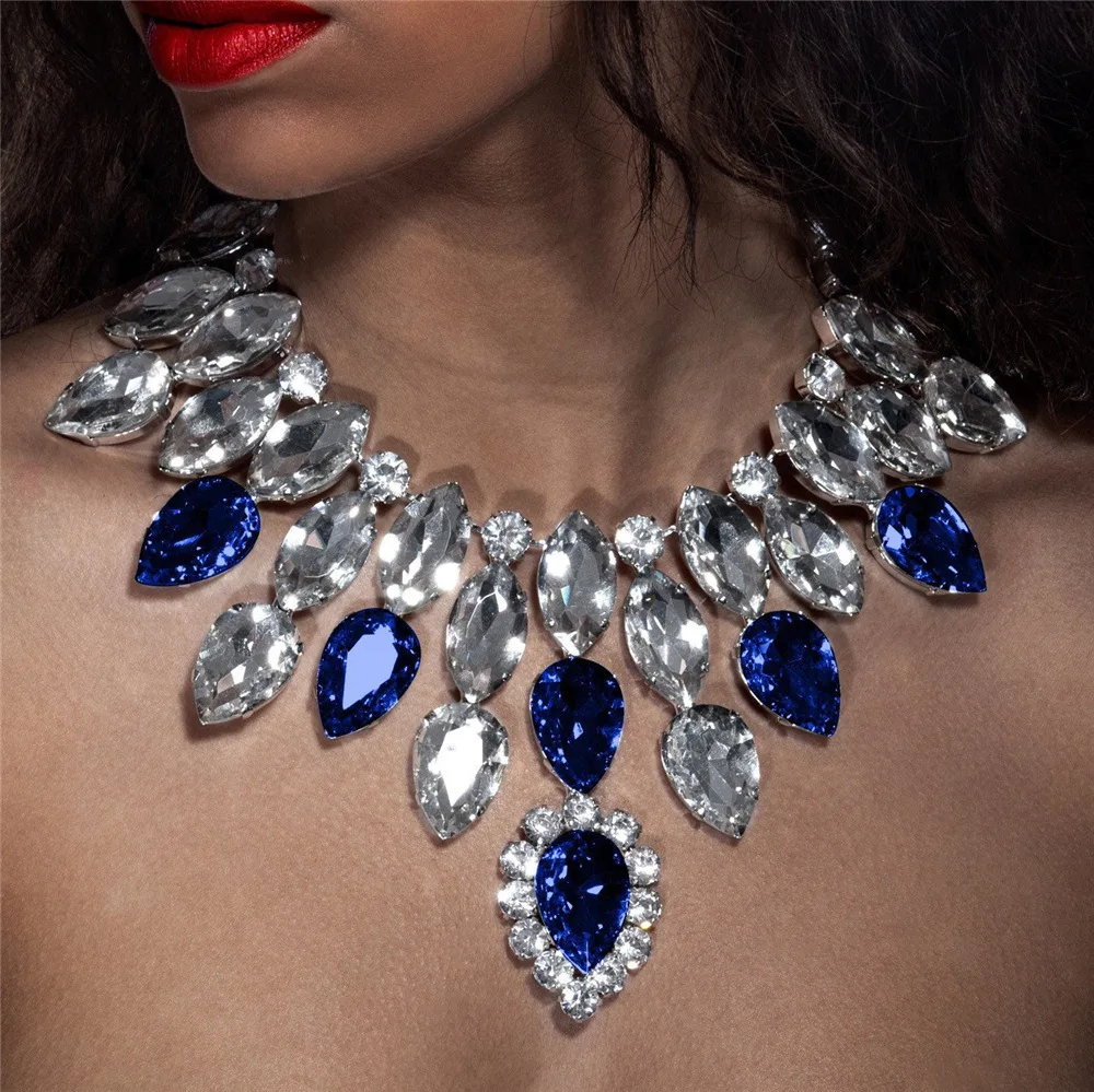 Exaggerated blue Glass Strass Pendant Necklace for Women Jewelry Rhinestone Crystal Wedding Stage Accessories Club Party Gift