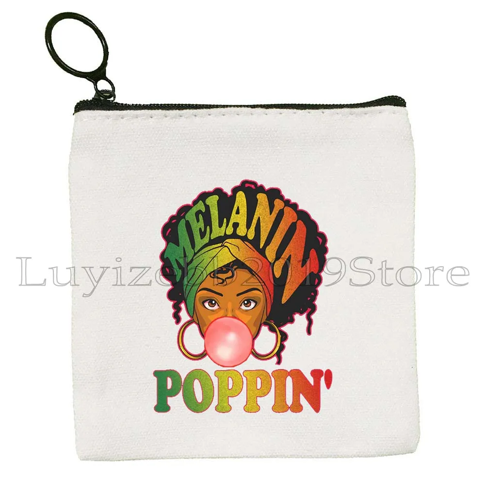 Melanin Poppin Afro Queen Black History Gifts African American Pride Canvas Coin Purse Key Case Small Bag Wallet Zipper Pouch