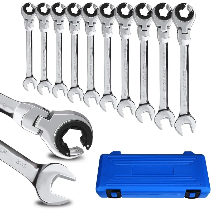 LOSCHEN】SAE Flex-Head Ratcheting Wrench Combination Wrench Set 10 Pcs/Set with 72 Teeth, Chrome Vanadium Steel Tubing