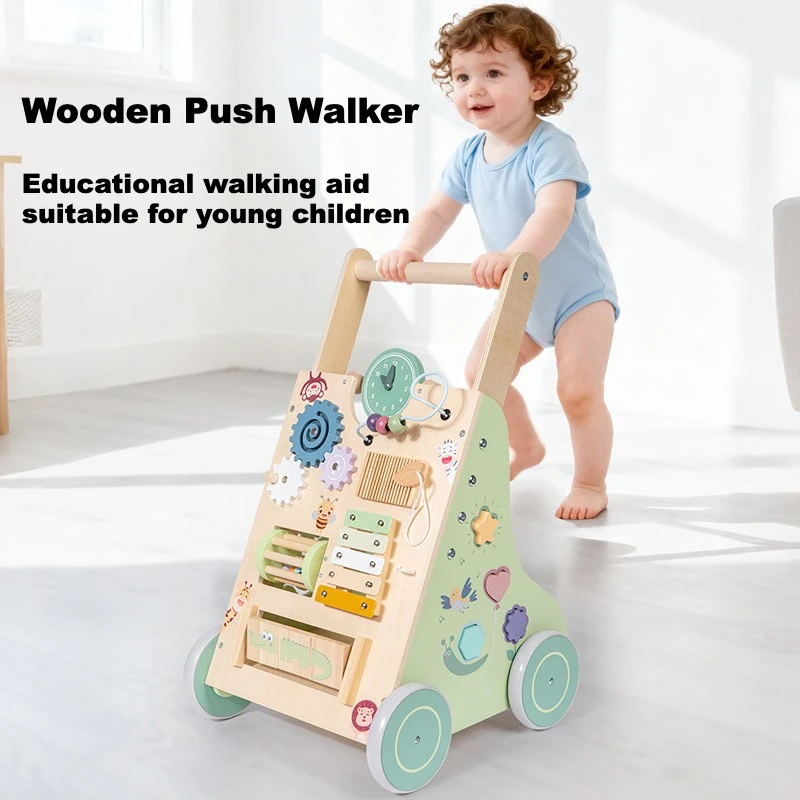 

Montessori Wooden Push Walker - Baby Learning to Walk Toy with Activity Wheels, Educational Walking Assistant for Toddlers