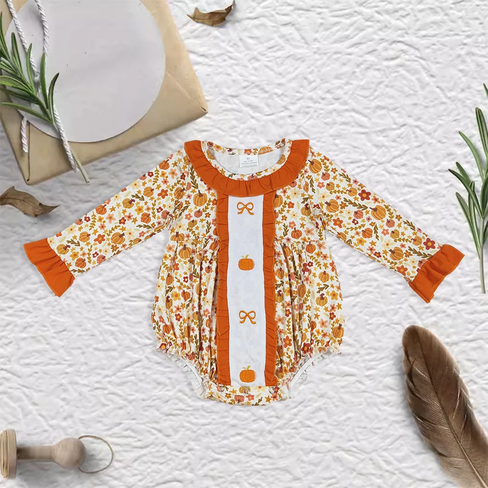 New rts girls thanksgiving romper wholesale boutique embroidery pumpkin turkey flower pattern pink lace long sleeve rompers