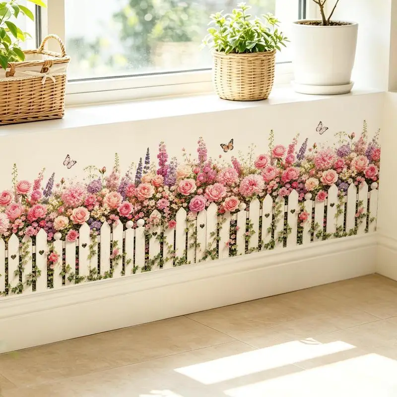 Waterproof Self Adhesive Pink Rose Fence Wall Sticker With Butterfly Pattern For Living Room Bedroom Baseboard Home Decoration