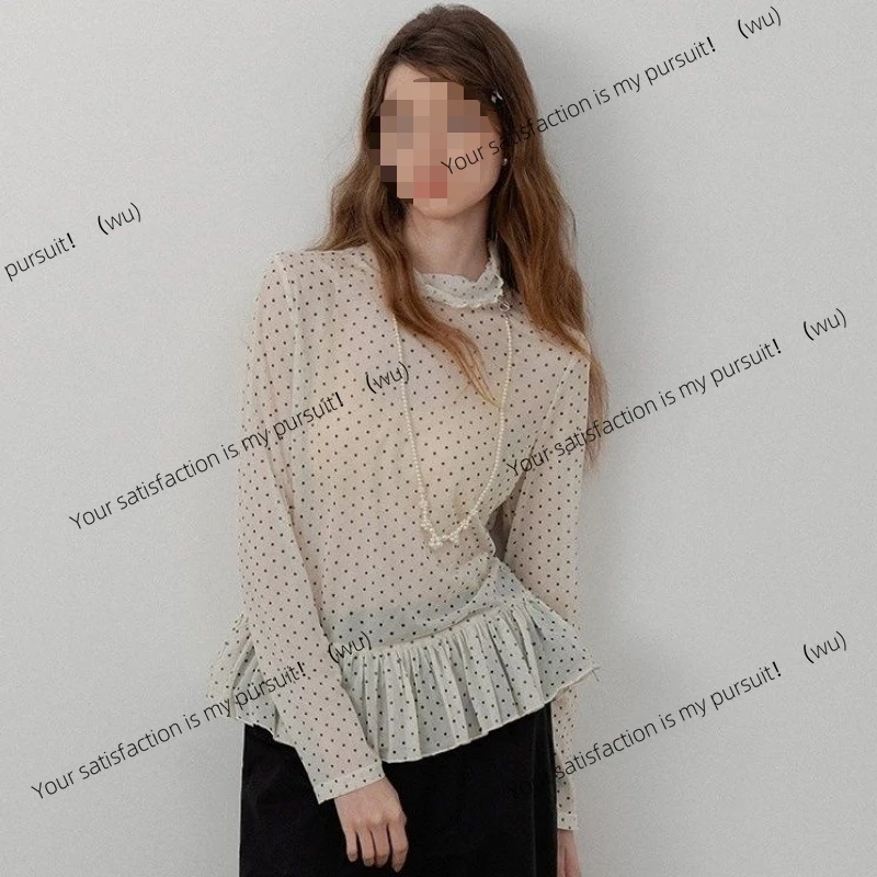 水玉模様のフリル付き長袖ニッチシックな重ね着風シャツシフォンシャツトップ