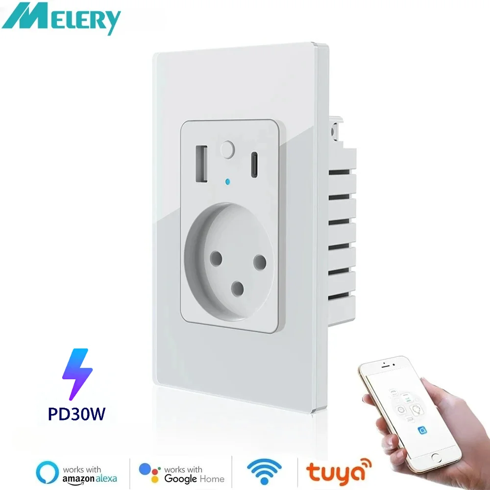 Melery Israel Smart Wall Socket Glass Panel USB Type-C Fast Charging Voice App Controlled Power Outlet by Alexa Google Home