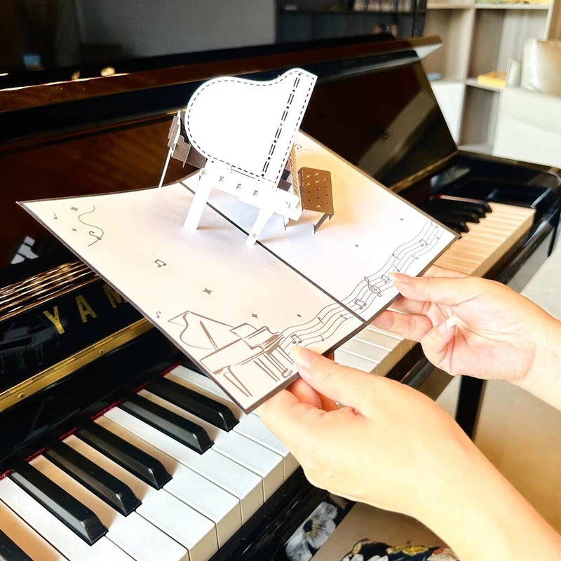 Handmade 3D White Piano Pop Up Greeting Card, Music Festival, Guitar, Bass, Drum, Violin, Wooden Music Instrument, Birthday Gift