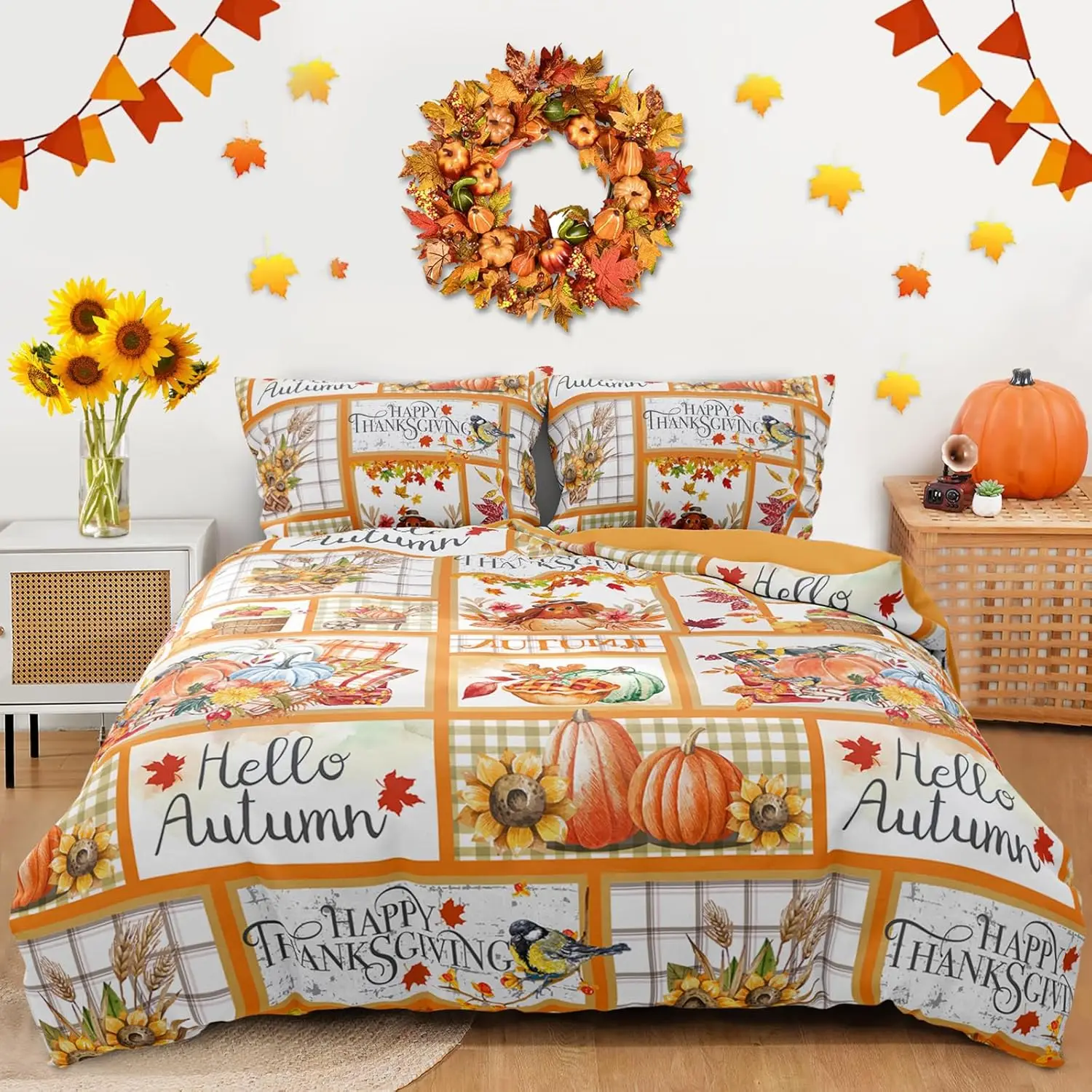 Thanksgiving Patchwork Duvet Cover Set King Size,Fall Farm Duvet Cover Turkey Pumpkin Sunflower Cover,Autumn Harvest Themed