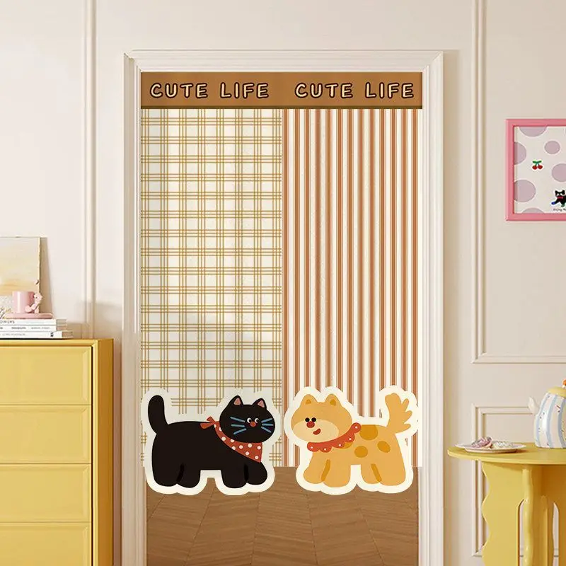 VIKAMA Japanese Contrast Stripe Cat Apple Noren Doorway Curtain Room Divider Privacy Tapestry for Dorm Bedroom Lovely Decor