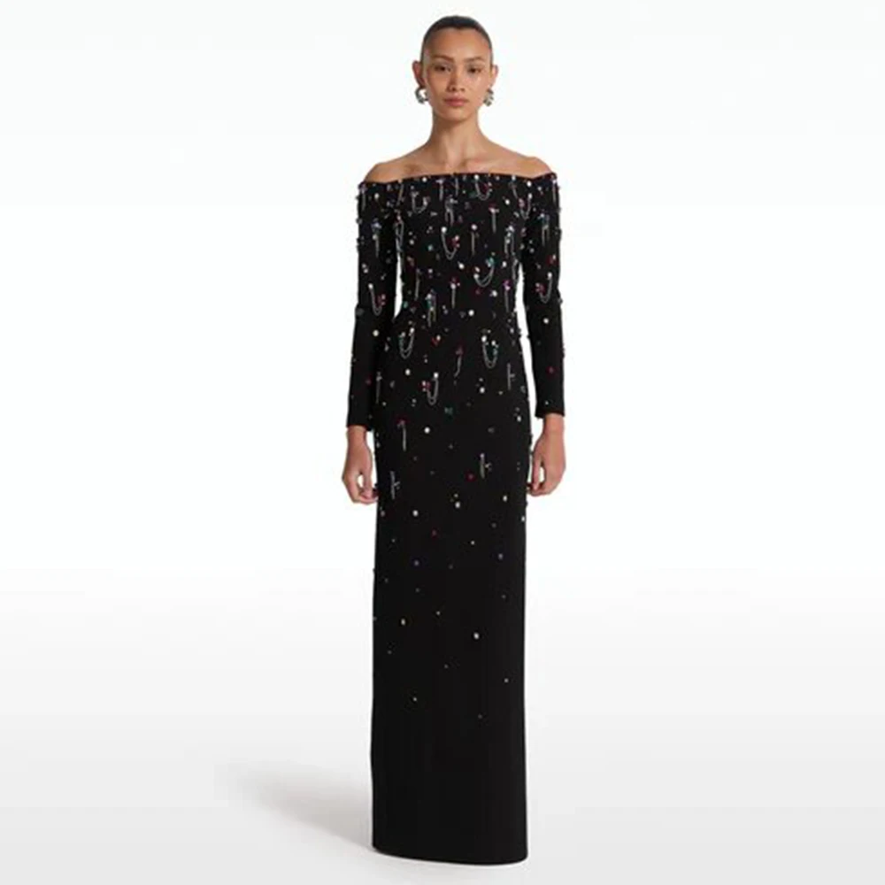 

Black Heavy Industry Cocktail Dresses Jersey Rhinestone Beading Bespoke Occasion Gown Straight Off-the-shoulder Long Dresses