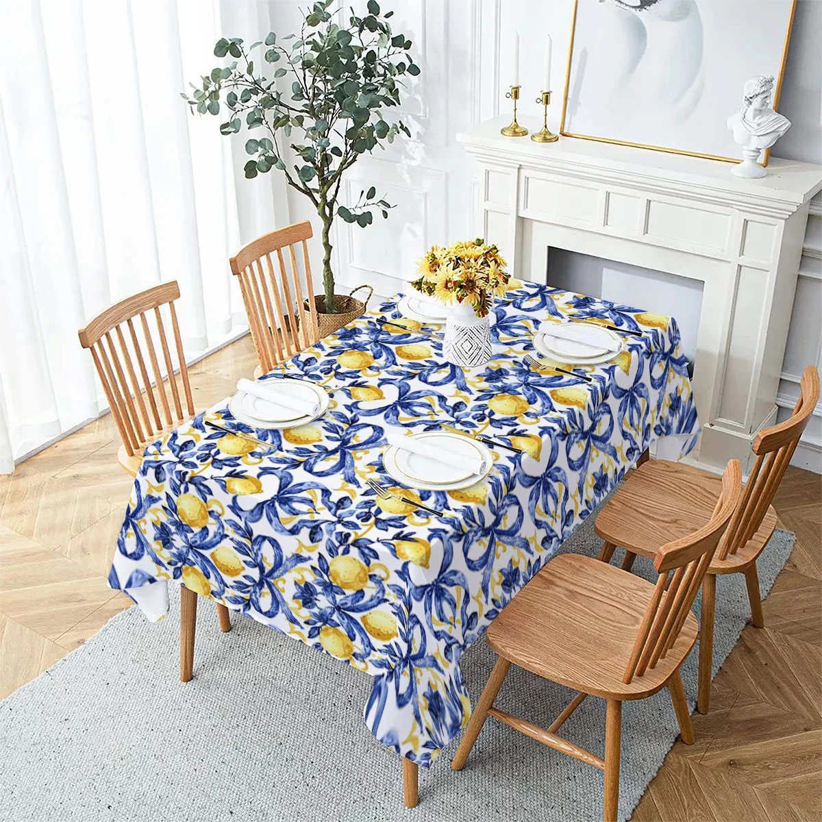 Yellow Lemon Print Waterproof Tablecloth for Dining Room Kitchen Buffet Table Summer Decor