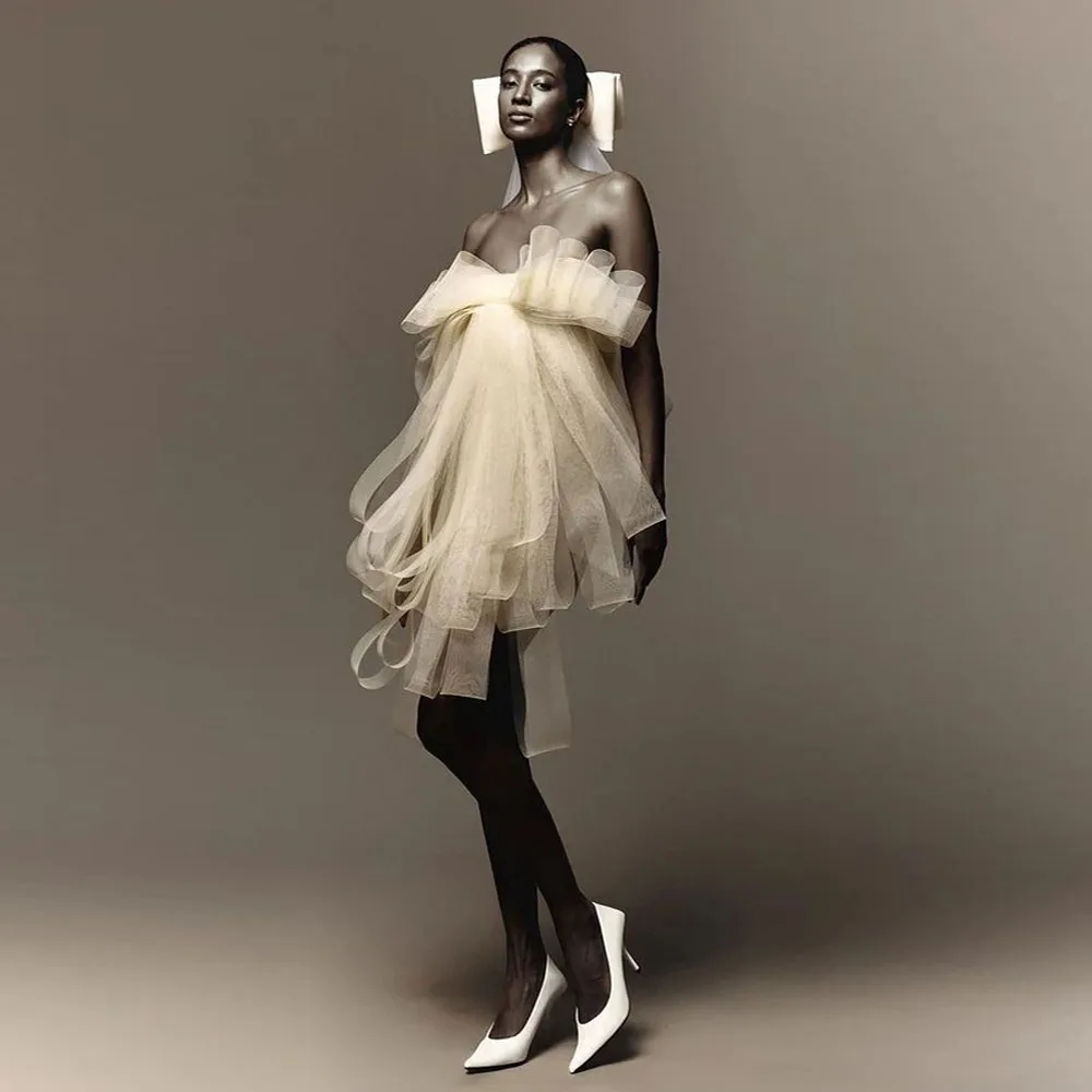 

Pretty Beige Organza Asymmetrical Bow Women Dresses Sweety Mini Girl Date Dress Birthday Party Dress