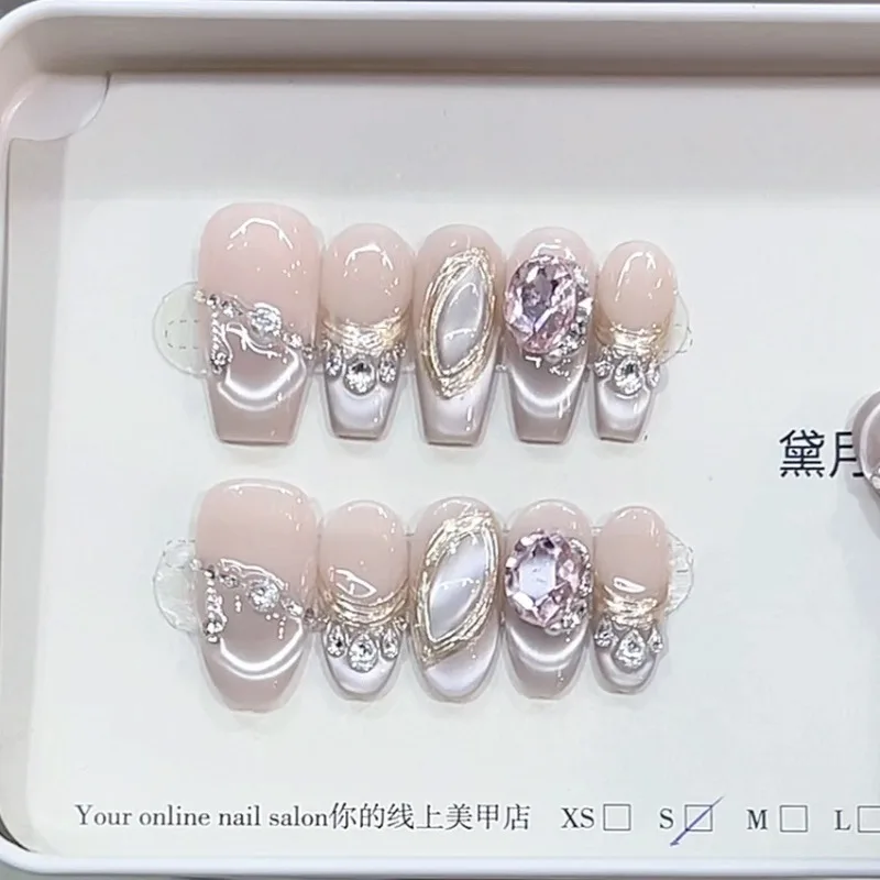 

10 шт., летние накладные ногти ручной работы с алмазным гробом, французские украшения «кошачий глаз» для ногтей, акриловый пресс, съемный 2025