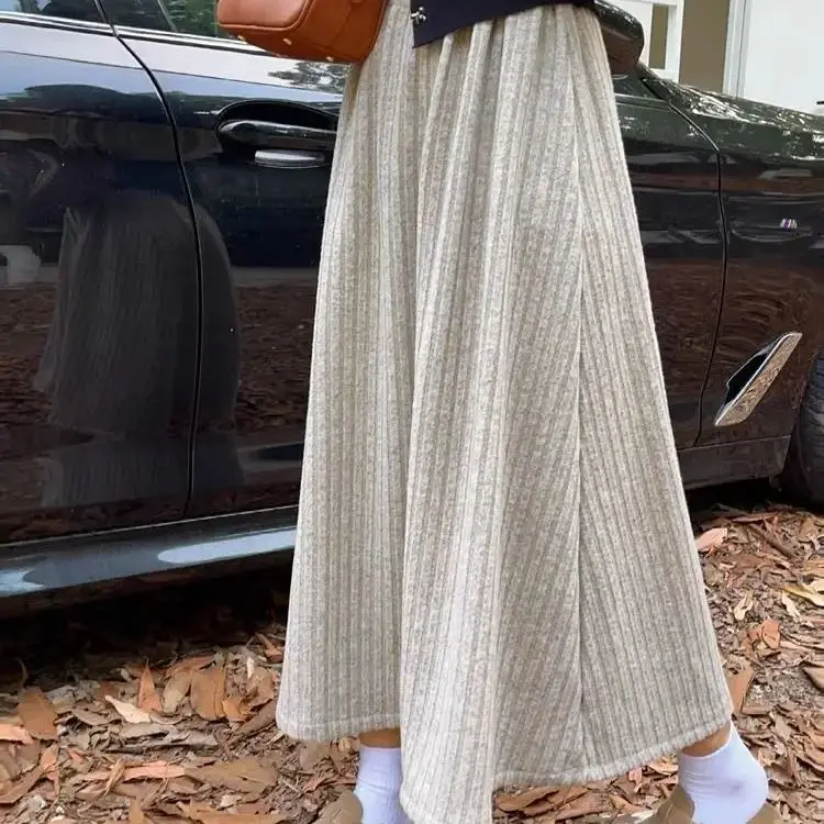 Knitted Skirt Big Swing Skirt Long Section Quality Autumn Winter Woolen Skirts Slim Belt Long Midi Skirt Knitted Wool Skirt