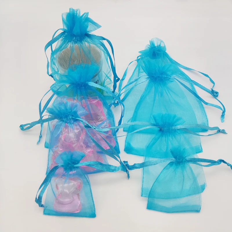 100pcs Lake Blue Gift Bag Packaging Wedding Drawstring Storage Packaging Bags Organza Bag Mesh Gift Pouch Organza Gifts Bags