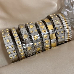 Vintage Stainless Steel Elastic Chunky Bracelets for Women Men Golden Star Heart Adjustable Watchband Bangles Waterproof Jewelry