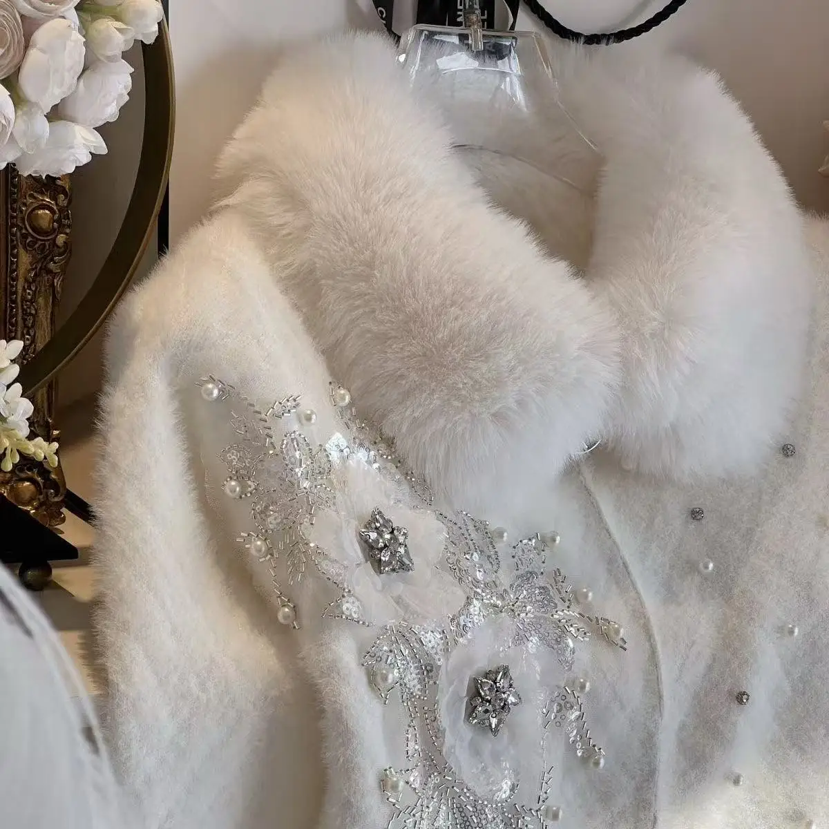 

Autumn Winter New Heavy Industry Diamond Inlaid Faux Fox Fur Collar Knitwear Cardigan Coat for Women's Mink Fur Sweater Jacket