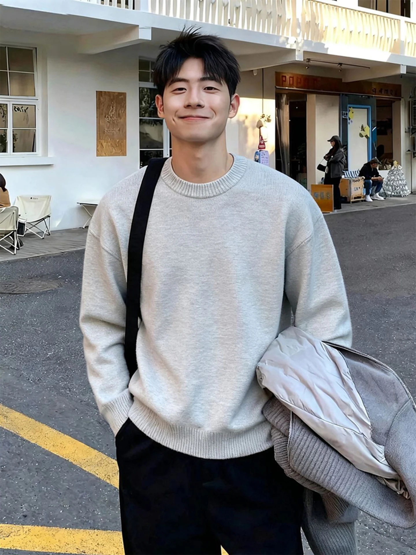 

Мужской вязаный свитер в американском ретро-стиле с круглым вырезом, на флисовой подкладке, зимний базовый слой, повседневный свободный крой